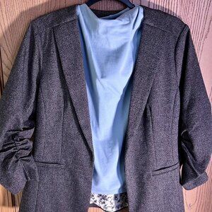 Skies Are Blue Raja Collarless Blazer 3/4 Ruched Sleeves Dark Grey Size Med EUC